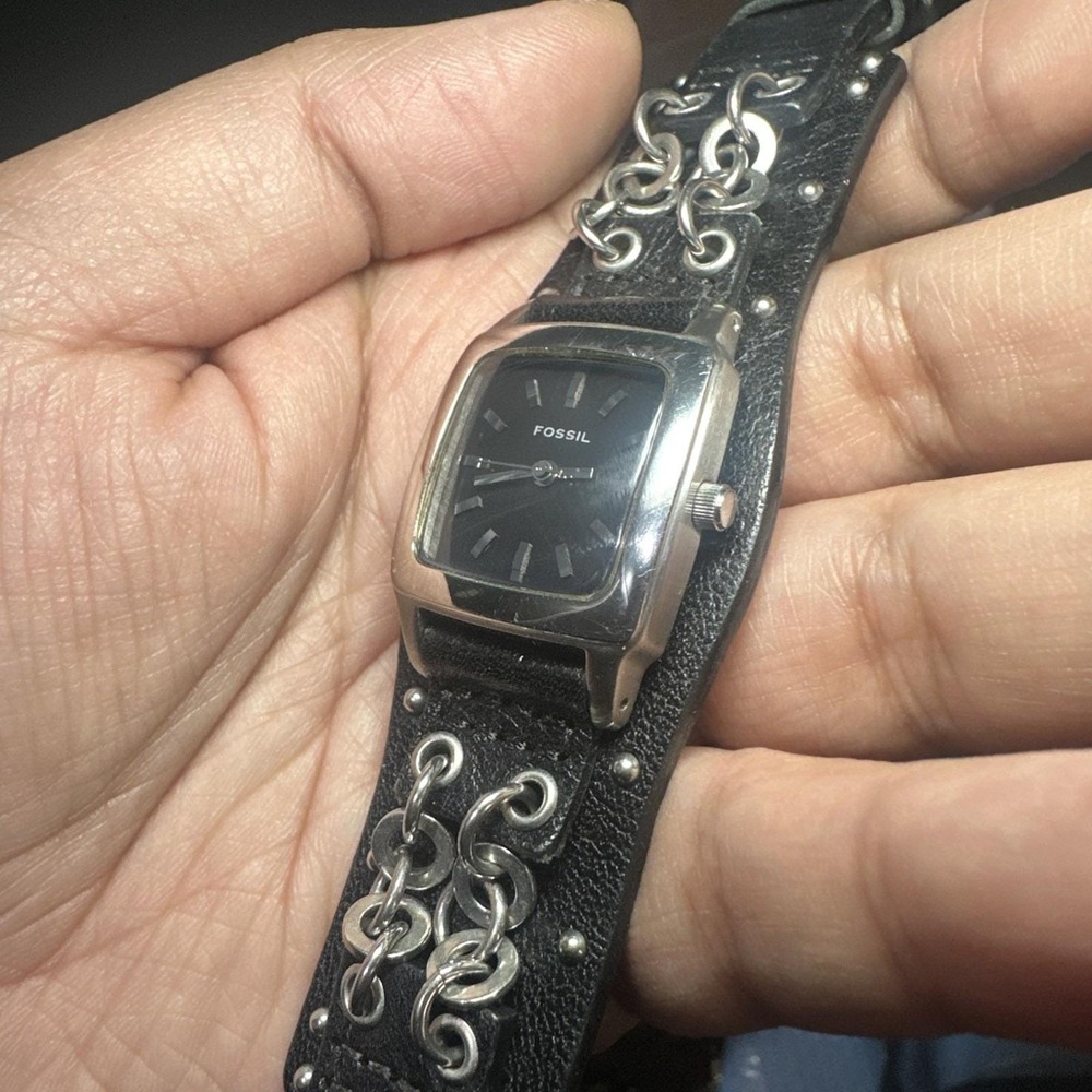 Working Fossil Square Women Wrist Watch Black Leather Band 26mm Fit 7 Mint Cndtn